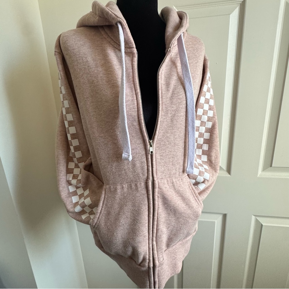 Reflex Light Pink Full Zip Hoodie Checkered Sleeve Fleece Women's Size 2XL